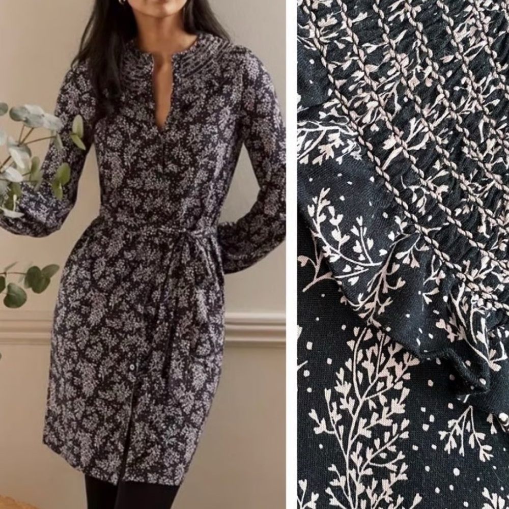 Boden Smocked Detail Leafy Sprig Print Long Sleeve Jersey Dress 10L